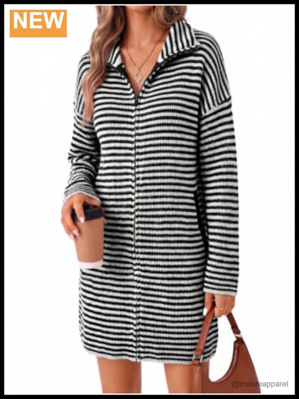 Wenrine Women's Striped Long Cardigan Zip Up Knit Sweater Dress